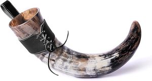 Cuerno Vikingo para Beber de Material Orgánico Natural con Soporte de Cuero de Tacto Real, Diseño Antiguo Tallado, Recuerdo de Cuerno de Vaca - Product Image 2