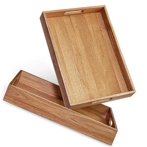 Plateau de service en bois d'acacia écologique Lot de 2 modèles rectangulaires avec poignées découpées pour le petit déjeuner, le thé, le café ou la table à manger - Product Image 5