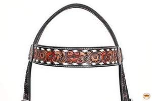 Juego de arreos para caballo de cuero repujado floral con acabado ligero, estilo western, con cabezada y pechopetral, detalles de puntadas plateadas y puntos decorativos, tamaño personalizado - Product Image 2