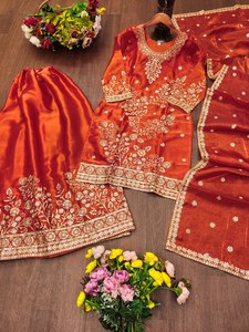 Burnt Orange Silk Sharara Suit Silver <b>Gota</b> Patti Work | Traditional Winter Heavy Embroidered Pakistani Gharara Set 2026 Festive - Product Image 1