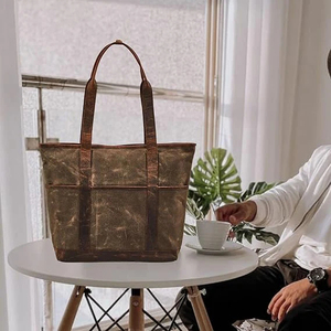 Vintage <b>Canvas</b> <b>Tote</b> Bag Solid Color Open Top Daily Use Women's Shoulder Handbag Waxed Water Repellent Brown - Product Image 3