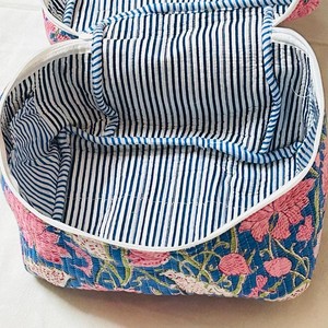 Floral Embroidered Cosmetic Bag Medium Size Zipper Closure Soft Handle Boho Style Textile <b>Makeup</b> Pouch - Product Image 4