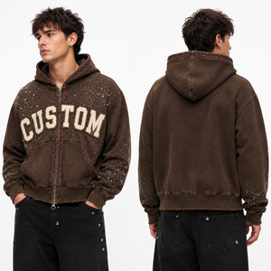 Sudadera con capucha personalizada de gran tamaño con pedrería, 100% algodón, tela suave, con cremallera, estilo moderno, diseño de patchwork desgastado, unisex. - Product Image 6