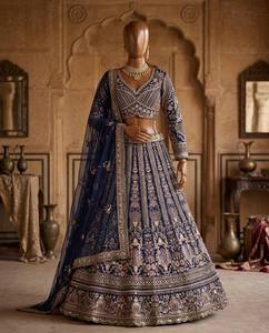 Élégant Lehenga Choli bleu marine en faux georgette, longueur ras du sol, broderie dorée, infroissable, séchage rapide, pour mariage indien pakistanais - Product Image 1