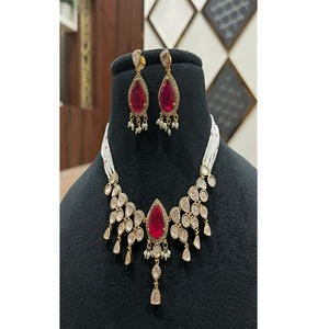 <b>Beautiful</b> Premium Quality Antique Gold Plated Classic Moissanite Kundan Necklace Set <b>Earrings</b> for Wedding Gift Party Traditional - Product Image 1
