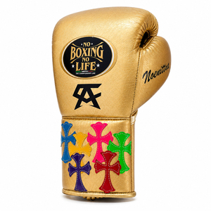 No Boxing No Life Gants de boxe professionnels en cuir doré à lacets, à doigts entiers, réglables au poignet, respirants, avec poignées pour adultes - Product Image 4