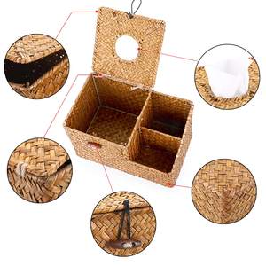 High Quality Seagrass Tissue Box Holder with Side Organizer Vintage Style <b>Square</b> Shape for Tableware Bathroom Home Office - Product Image 6