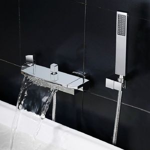 Grifo de llenado de bañera de cascada de montaje en pared cromado de 2 manijas contemporáneo con ducha de mano Grifos de baño y ducha modernos - Product Image 1
