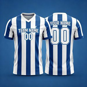 Custom Unisex Blue White Striped <b>Soccer</b> Jersey V-Neck T-Strap Short Sleeve Quick Dry Breathable 100% Polyester Front Customized - Product Image 4