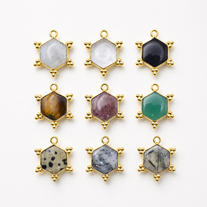 Pendentif en laiton plaqué or hexagonal avec pierre précieuse onyx noir, cabochon lisse, connecteur en pierre naturelle pour collier et bracelet unisexe - Product Image 2
