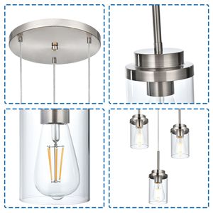 Lampadario a sospensione moderno a 3 luci in stile rustico, in nichel spazzolato, per isola cucina, con vetro trasparente - Product Image 6