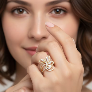 แหวนลายใบไม้และผีเสื้อหลายชั้นประดับคริสตัลสีทอง ดีไซน์โดดเด่น สำหรับโอกาสพิเศษ - Product Image 2