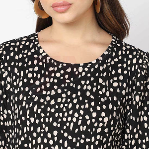 Blusa de Gasa con Estampado de Puntos Blancos y Negros, Cuello Redondo, Manga Corta Abullonada, Corte Holgado Informal, 100% Algodón, Calidad de Marca, Personalizable - Product Image 3