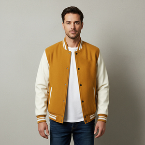 Blouson d'hiver personnalisé en toile de laine, coupe décontractée à épaules tombantes, bicolore, avec logo imprimé sur mesure, motif universitaire pour homme – Vente en gros - Product Image 4