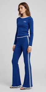<b>Women's</b> Blue Ribbed Knit Long Sleeve Top And Flared Pants Set With <b>White</b> Contrast Trim - Product Image 2
