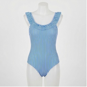 Women Striped One Piece Swimsuit With Ruffled Neckline Blue <b>White</b> Pattern Beachwear - Product Image 1