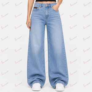 Jeans pour femmes en gros, pantalons en denim personnalisés, taille mi-haute, coupe droite, jambe large, style Hip Hop, vintage, écologiques, en coton premium extensible - Product Image 2