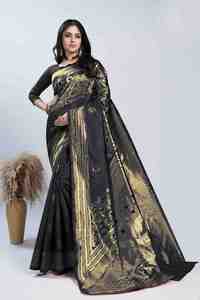 Sari en soie imprimé noir et or traditionnel pour femmes, style indien et pakistanais, coupe classique, longueur au sol, pour occasions de mariage - Product Image 3