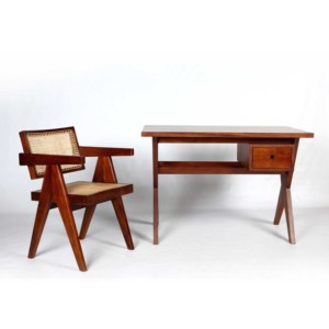 Ensemble bureau et chaise de bureau en bois massif de style moderne du milieu du siècle, avec pieds en X, table d'écriture faite à la main avec cannage en rotin et tiroir - Product Image 2
