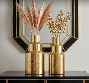 Juego de Jarrones de Metal Dorado Art Deco, Diseño Geométrico en Forma de Abanico, Florero Decorativo para Mesa - Product Image 1