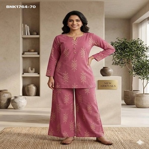 Meilleure collection de tenues ethniques coordonnées en coton extensible avec imprimé bloc, comprenant kurta courte et pantalon, pour femme, exportateur de mode, fournisseur indien - Product Image 1