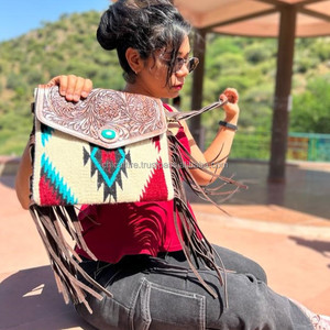 High Quality Hand Tooled Saddle <b>Blanket</b> Fringe Crossbody Bag for Women's Custom Luxury Designer Genuine Leather Shoulder Bags - Product Image 3
