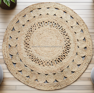 Estera redonda de yute sostenible hecha a mano, técnica de tejido plano, algodón duradero para decoración moderna del hogar, alfombras y juegos lavables - Product Image 5