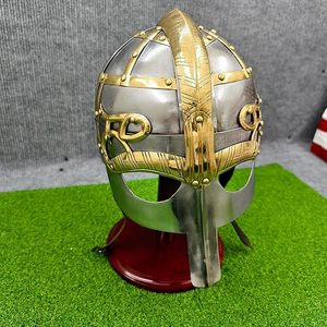 Masque et casque de Viking médiéval en acier de calibre 18 avec support en bois, casque d'Halloween rouge avec doublure en cuir - Product Image 6