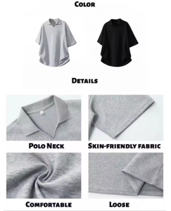 เสื้อโปโลคอวีถักสำหรับผู้ชาย เสื้อยืดแขนสั้นสไตล์เรโทร สีพื้น เนื้อผ้านุ่ม ระบายอากาศได้ดี ทรงหลวม สวมใส่สบาย - Product Image 5