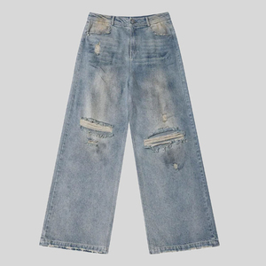 Jeans en denim pour hommes de haute qualité, style rétro, délavé, effet usé, déchiré, coupe droite, vente en gros, logo personnalisé, jeans baggy - Product Image 3