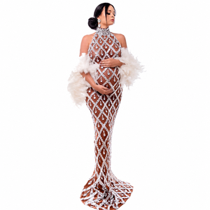 Vestido de Maternidad de Satén Brillante de Lujo para Sesión de Fotos de Embarazo, con Cristales, Transparente, Elegante, Marca OEM para Mujer - Product Image 4