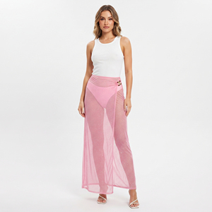 Faldas largas de malla transparente con pedrería de cintura alta para mujer, faldas largas de verano de alta calidad con pedrería transparente para damas - Product Image 4