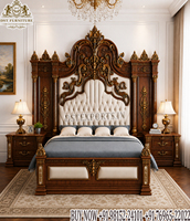 Lit Maharaja en bois antique avec tabouret, mobilier de chambre à coucher de style baroque pour villas de luxe, ensemble de chambre à coucher en teck de Birmanie