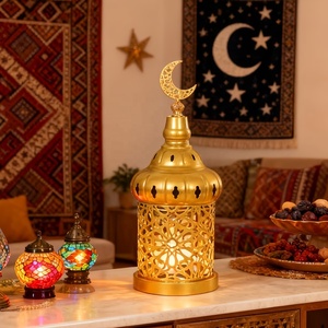 Striking <b>Gold</b> Moroccan <b>Lantern</b> with Crescent Moon Top Intricate Metal Cutwork Candle Holder for Ramadan Home Decor - Product Image 1