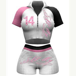 Women Booty Short Set GSM Ribbed Polyester Spandex Grey Pink Black Panel Crop <b>Top</b> <b>Rhinestone</b> Heat Transfer Logo Women Booty Set - Product Image 1
