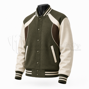 Chaqueta Varsity Personalizada para Hombre en Verde Oliva con Mangas en Contraste y Botones a Presión, Estilo Universitario, Fabricante OEM - Product Image 3
