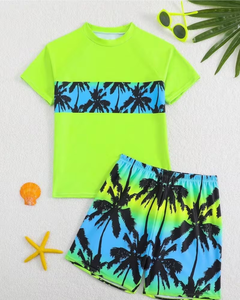 Tropical Palm Print Boys Swim Set Green Short Sleeve Top and Shorts Casual Summer Outfit - Product Image 1