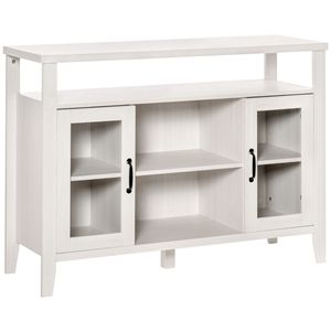 Buffet contemporain rétro anti-chute blanc avec étagères de rangement et 2 portes vitrées encadrées pour villa, ferme ou salle de sport - Product Image 1