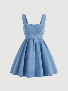 Blue Denim <b>Dress</b> Sleeveless Tiered Pleated <b>Midi</b> <b>Dress</b> Button Front Backless Style for Casual Party - Product Image 3