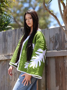 Handcrafted Premium Quality Cotton Green Color <b>White</b> Leaf Patch Work Open Front Sleeve Outwear Comfortable For Women's Wear - Product Image 1