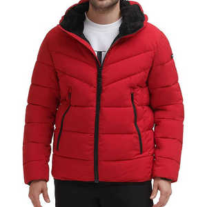 Men's <b>Red</b> <b>Hooded</b> Puffer <b>Jacket</b> Zipper Closure Fleece Lining Windproof Casual Winter Wear Regular Fit Polyester Wadding - Product Image 3