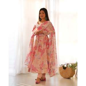 Hermoso Conjunto de Vestido Anarkali Talla XS y Dupatta con Estampado Floral para Fiestas para Mujer - Product Image 4