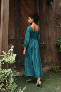 Teal Blue Hand-Embroidered Square Neckline and <b>Three</b>-Quarter Sleeves Cotton Linen Maxi Dress for Women - Product Image 6