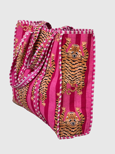 Bolsa de Lona Rosa a Rayas con Bordado de Tigre, Estilo Bohemio, Cierre Abierto, Bolsa de Compras para Mujer, Todas las Temporadas - Product Image 2