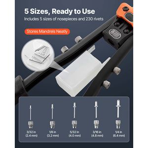 Kit Pistola Rivettatrice a Strappo Aperta con 230 Rivetti Ciechi, 5 Punte Intercambiabili, 5 Punte da Trapano, Rivettatrice a Due Mani - Product Image 2