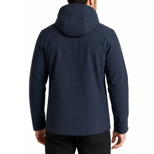 Veste softshell pour homme bleu marine avec logo personnalisé, design minimaliste uni, imperméable, coupe-vent, à capuche, fermeture éclair intégrale, couleur unie - Product Image 4
