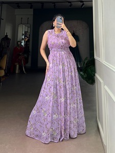 MarbalFloral Print Floor-Length Gown For Women Elegant Spring Wedding Dress Loose Fit Rayon Material India - Product Image 3
