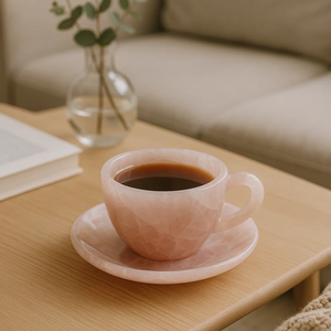 Colección Exclusiva de Juego de Té de Cristal Curativo de Piedras Preciosas Ecológicas Talladas y Grabadas a Mano, Tazas y Platillos de Cuarzo Rosa en Forma de Corazón - Product Image 1
