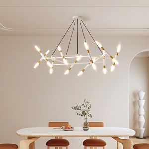 Lampadario Moderno Bianco e Oro da 41 Pollici, Altezza Regolabile, Design a Rami con Tubi Satinati e Cavi Neri - Product Image 1