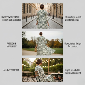 Vestido de Algodón con Estampado Chevron, Manga Larga, Cuello en V, Diseño de Paneles, Hecho a Mano, Vestido Largo para Mujer, Obra Maestra de Alta Calidad - Product Image 4